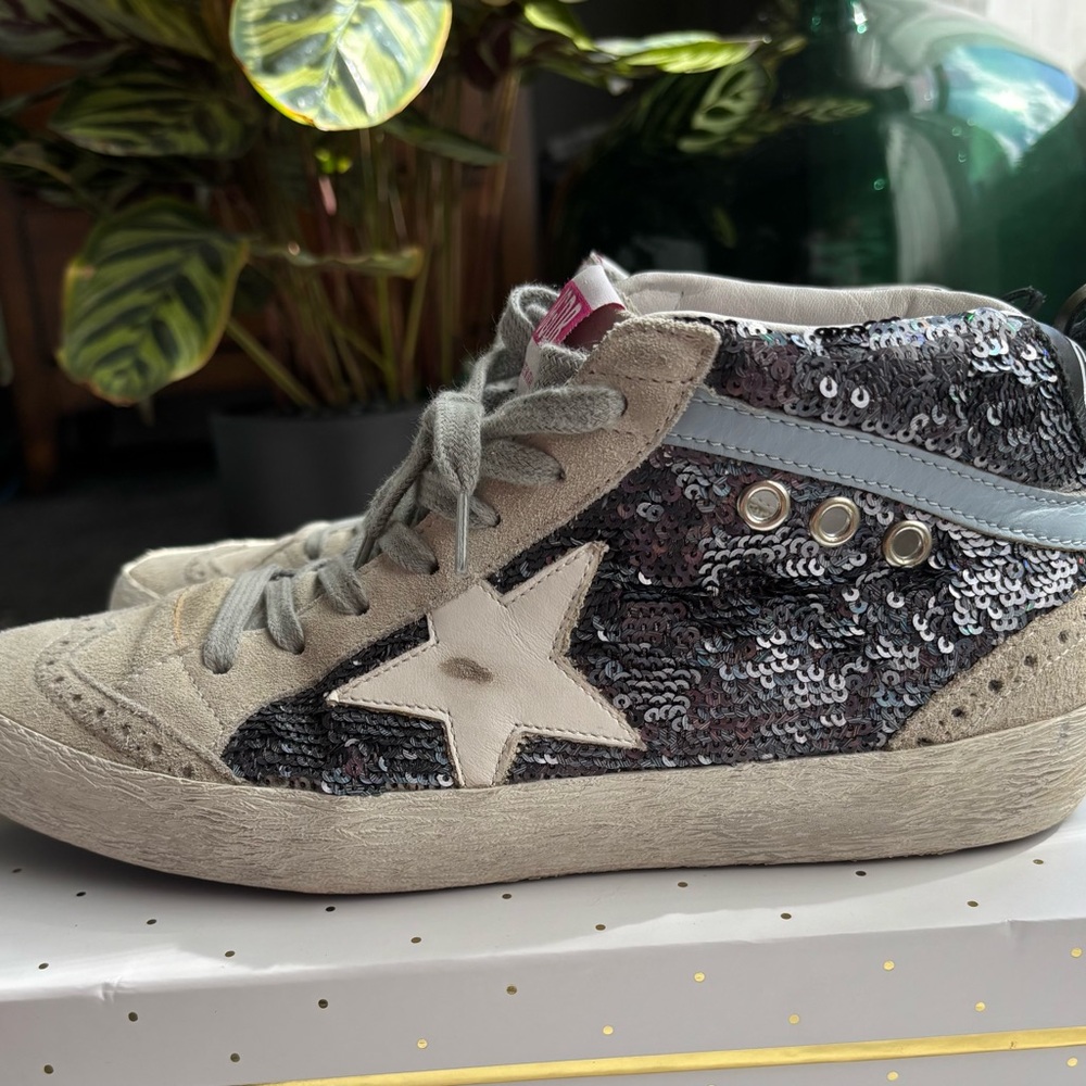 Golden Goose Midstar Sneakers with Blue Sequins and Wing-Tip Toe Styling